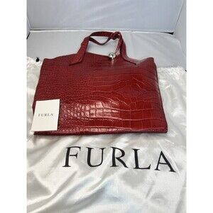 FURLA Red Handbag Croc-embossed Leather Silver Hardware With Dust Bag NWT